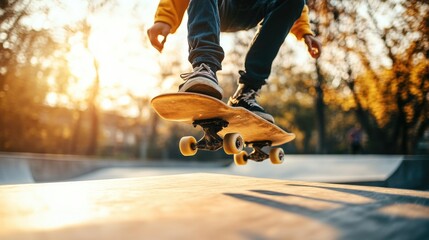 Close-up of skateboarder leg doing trick in skatepark