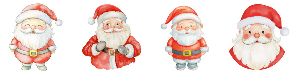 Santa Claus, watercolor illustration, cartoon style, set, transparent background, png.