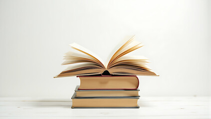 Naklejka premium Books stacked with an open book on top, showcasing a vibrant literary theme against, varying sizes, mixed colors, white background, minimalist, knowledge