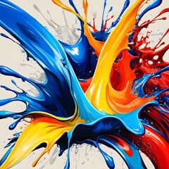 High-energy abstract illustration of bold splashes with expressive brushstrokes and fluid shapes. Features bright colors like electric blue, yellow, and fiery red, with layered textures and dynamics