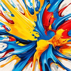 High-energy abstract illustration of bold splashes with expressive brushstrokes and fluid shapes. Features bright colors like electric blue, yellow, and fiery red, with layered textures and dynamics
