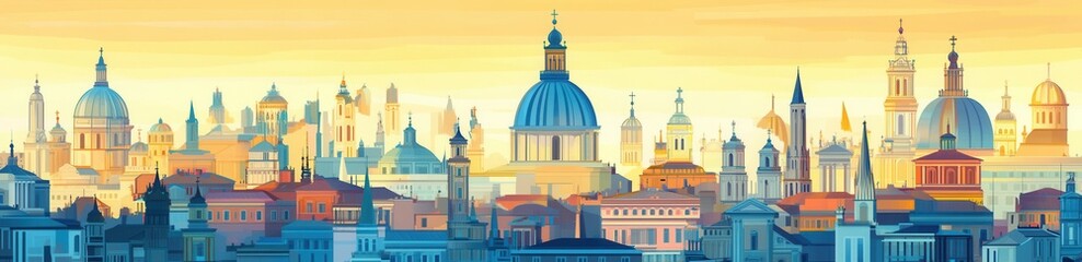 Obraz premium A sweeping aerial view of Rome, Italy, displaying the old city's skyline. The horizontal banner design highlights the landscape and panoramic scenery