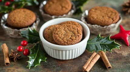 Fototapeta premium Pfeffernusse cookies in a ceramic ramekin, surrounded by sprigs of holly and decorative cinnamon sticks on a rustic surface