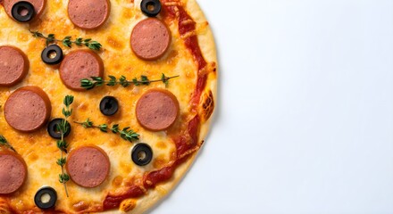 close up of a pizza on a plate on white, pizza with salami and tomato , Top view of pizza 