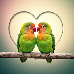 Fototapeta premium Two lovebirds perched on a branch, facing each other with a heart-shaped background