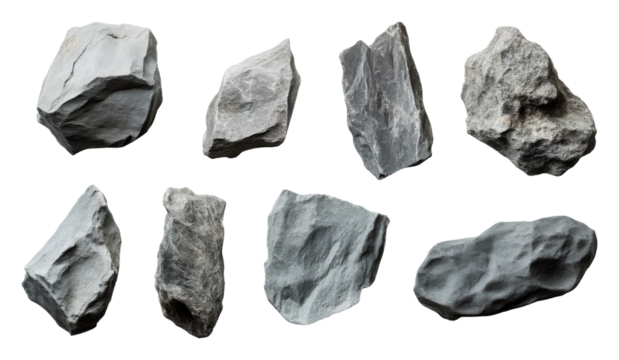 Collection of various gray rocks isolated on transparent background, geology study and natural texture concept