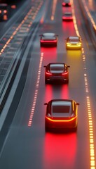 Autonomous red and yellow vehicles utilize sensor technology for safe distance on the highway