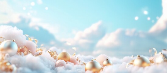 Golden blue Christmas horizontal background ornaments fluffy white clouds blue sky