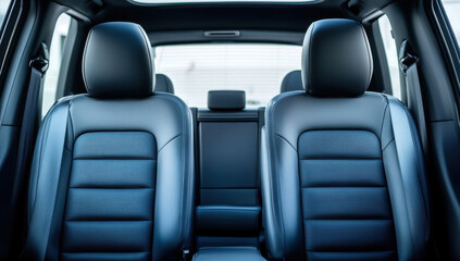 The front seats and headrests in this modern car interior are incredibly comfortable, with sleek black leather upholstery and an elegant design perfect for a luxurious ride