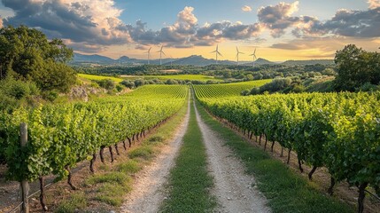 Naklejka premium Vineyard road sunset, green plants, wind turbines.