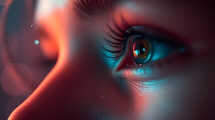 Fototapeta premium Neon Reflections: Eyes Illuminated by City Lights and Hidden Emotions