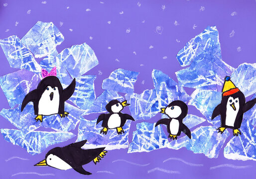 Penguins stand on ice floes. Children's application