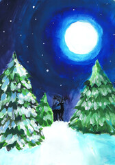 Winter forest landscape with a moon in the sky. Children's drawing