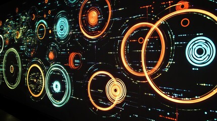 Obraz premium Abstract digital interface with glowing circles and lines.