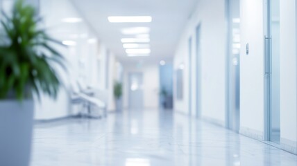 Obraz premium Blurred image of patients sitting and waiting in a modern dental office hospital corridor with bright lights and a plant