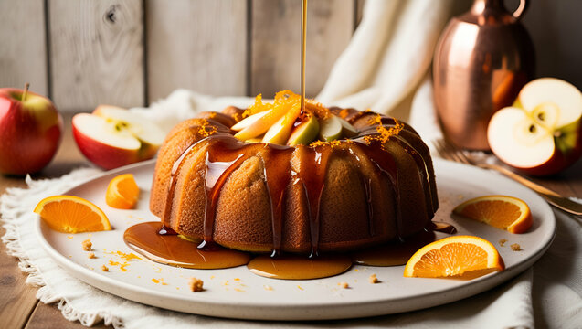 Winter citrus pound bundt cake with orange zest maple cirup syrup. Sweet Bundt Cake with Orange Maple Frosting