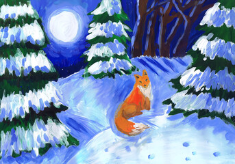 A fox sits in a snowy forest. Winter landscape. Children's drawing