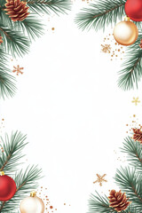 Vertical composition Christmas card with red & gold christmas decorations on white background. Golden stars

