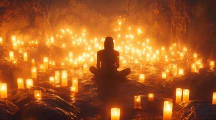 A meditative atmosphere created by a person sitting cross-legged among glowing candles, promoting relaxation and inner strength.