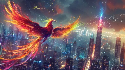 Obraz premium Mythical phoenix soaring above futuristic cityscape at dusk