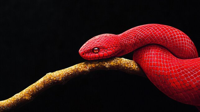   A painting depicts a red snake perched on a yellow branch against a black backdrop