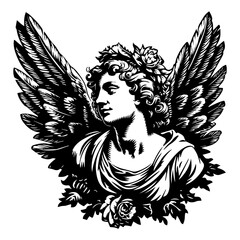 Obraz premium black and white illustration of an angel in traditional style – black vector
