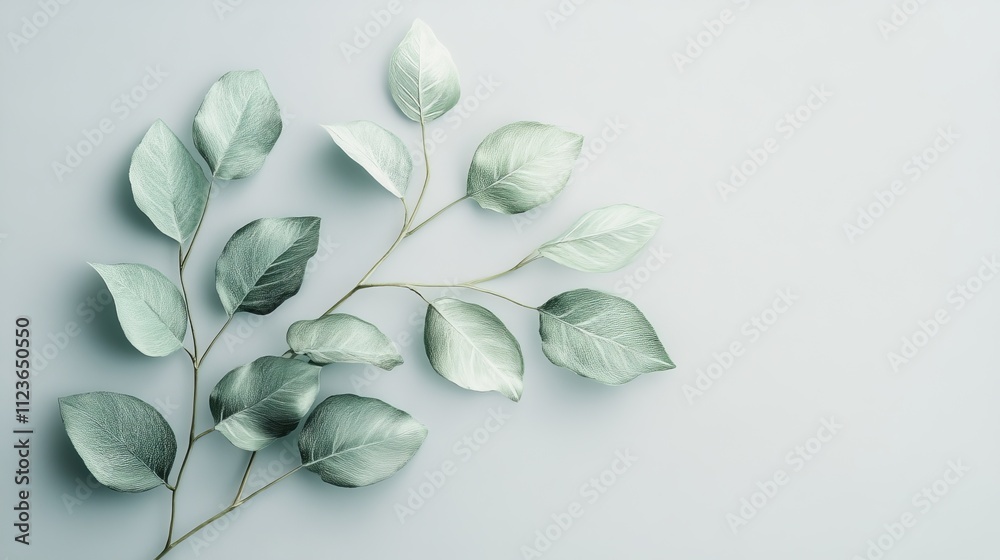 Poster soft green leaves arranged on a light background create a serene and calming natural display in a mi