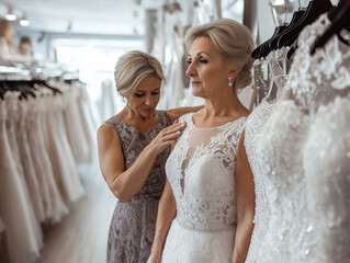 Senior bride trying on a white wedding dress with the help of a saleswoman in a bridal boutique