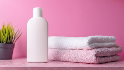 Shampoo or conditioner bottle and soft clean towels. Mock-up.