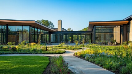 Modern building with courtyard garden and pathways.