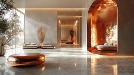 Interlocking smooth surfaces with bold tones and futuristic metallic accents softly illuminated in a neutral space