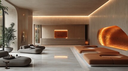 Interlocking smooth surfaces with bold tones and futuristic metallic accents softly illuminated in a neutral space