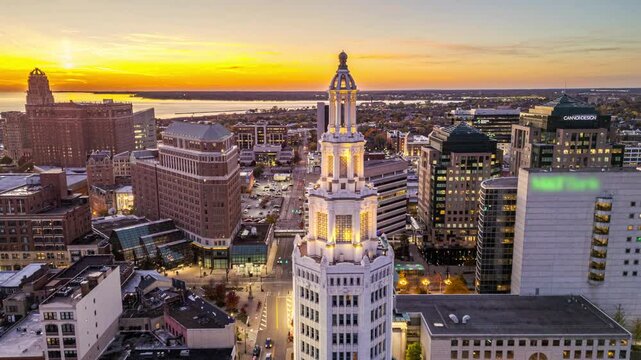 Buffalo, New York, USA downtown city skyline at golden hour.