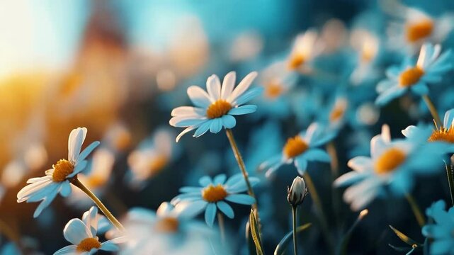 Meadow with white daises swaying in grass at sunset. Spring nature background. Summer flowers. Natural seasonal landscape