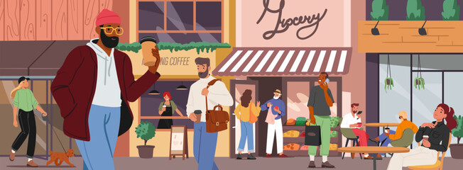 People citizen walking over city landscape with street of small business store and market facade