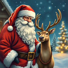Santa Claus standing with reindeer in red suit during winter holiday Christmas season