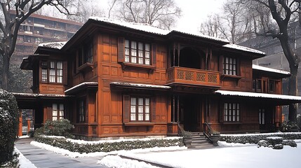 An elegant ancient Thai wooden house with a high-pitched, multi-tiered roof and ornate wooden carvings, situated in a serene rural landscape. The open verandas and natural materials emphasize 
