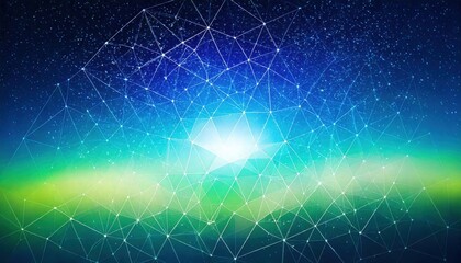 Fototapeta premium cosmic celestial dreamscape deep blue, soft white, electric green vibrant fading geometric layered gradient effect futuristic dynamic wallpaper background