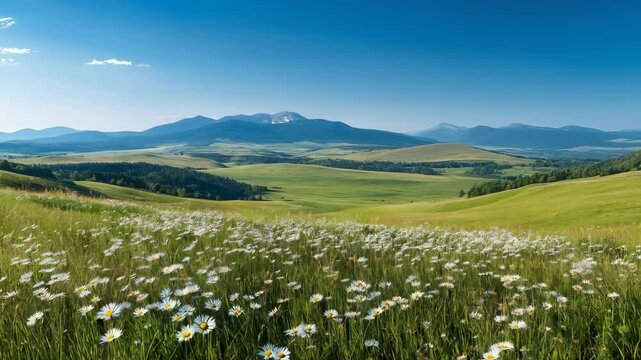 Meadow with white daises swaying in grass in mountains landscape. Spring nature background. Summer flowers. Natural seasonal scenery