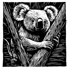 black and white illustration of a koala in engraving style © Luka