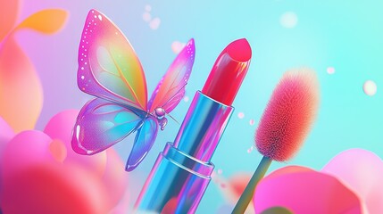 Fototapeta premium A macro shot of a lipstick with a butterfly perched on top and a flower adorned with another butterfly