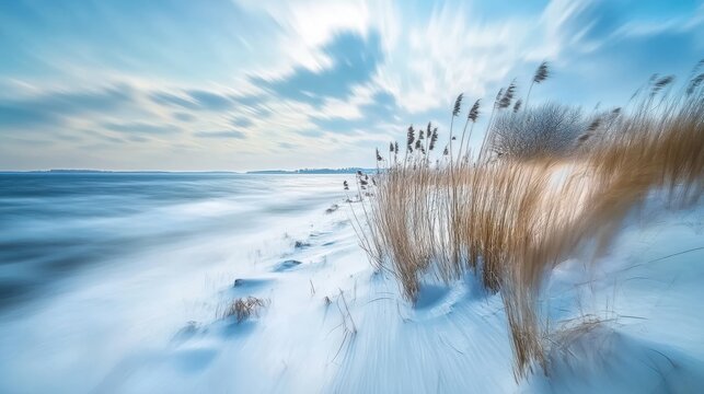 Intentional camera movement (ICM) image of seashore with reeds and ground covered with snow in winter created by motion blur.