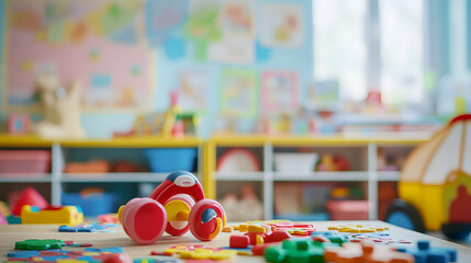 A colorful kindergarten classroom filled with playful learning tools puzzles and happy children.