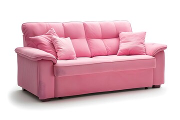 Naklejka premium Modern pink textile sofa with clean lines and plush cushioning, adding a touch of charm and sophistication to contemporary living rooms, isolated white background