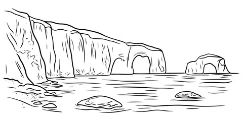 Obraz premium scenic shoreline sketch with cliffs, water arches, and gentle waves in black and white