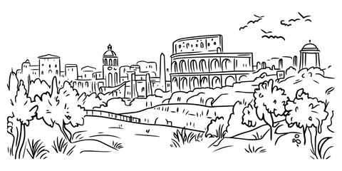 Obraz premium decorative black vector of colosseum and park landscape