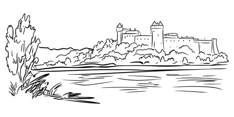 Fototapeta premium scenic medieval castle and countryside in black vector