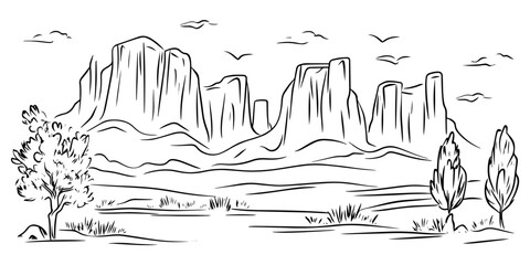 hand-drawn desert landscape with mountains and trees – black vector
