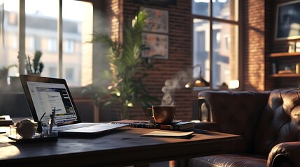 A stylish and inviting freelance home office scene with a laptop, steaming coffee, and a comfortable workspace, blending modern design with warmth 