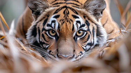 Fototapeta premium An intimate shot of a tiger in its natural habitat, underscoring the critical role of conservation efforts.